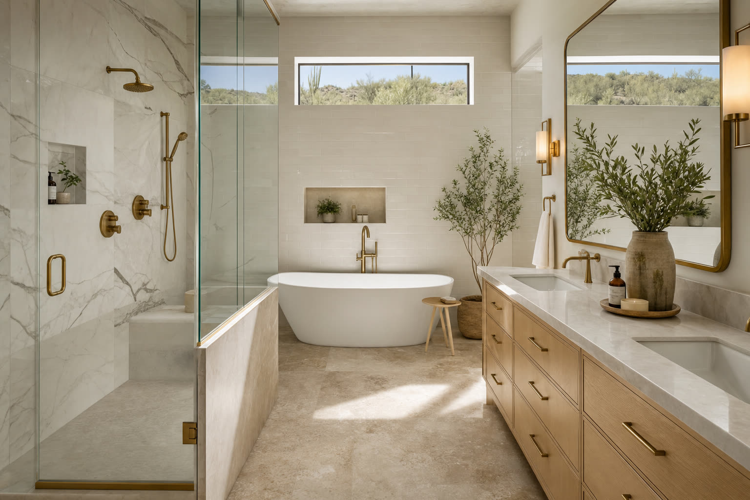 Luxury bathroom with marble, brushed brass fixtures, and white oak vanity in a Scottsdale custom home