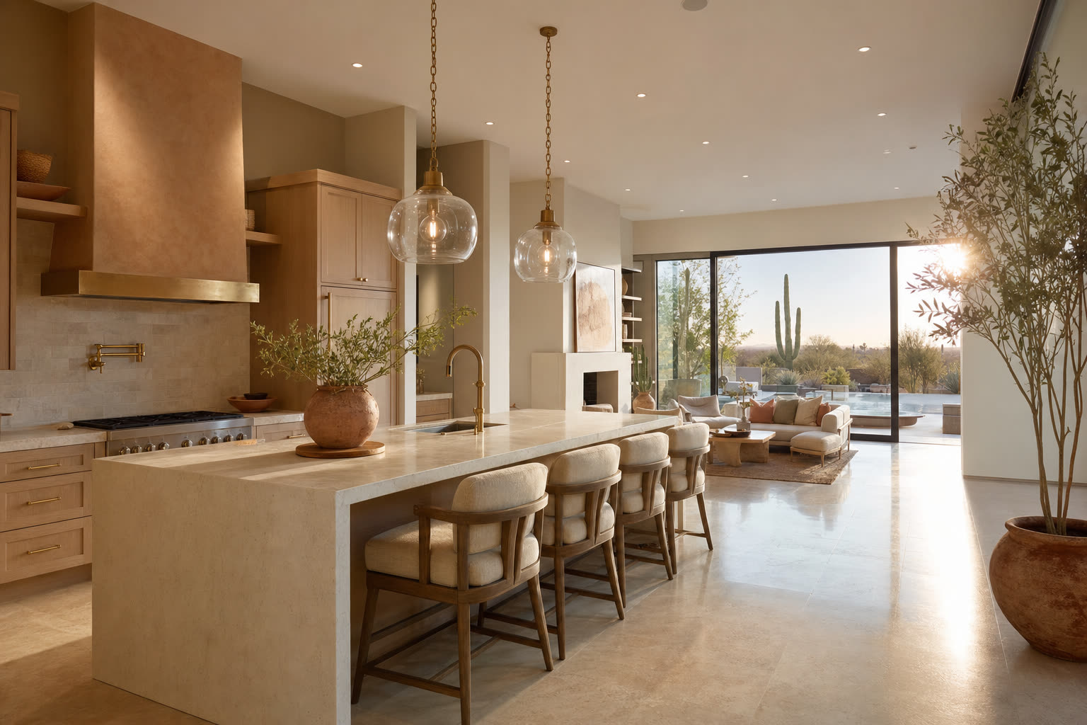 Sunlit luxury Scottsdale kitchen with white oak cabinetry, brushed brass fixtures, and travertine countertops