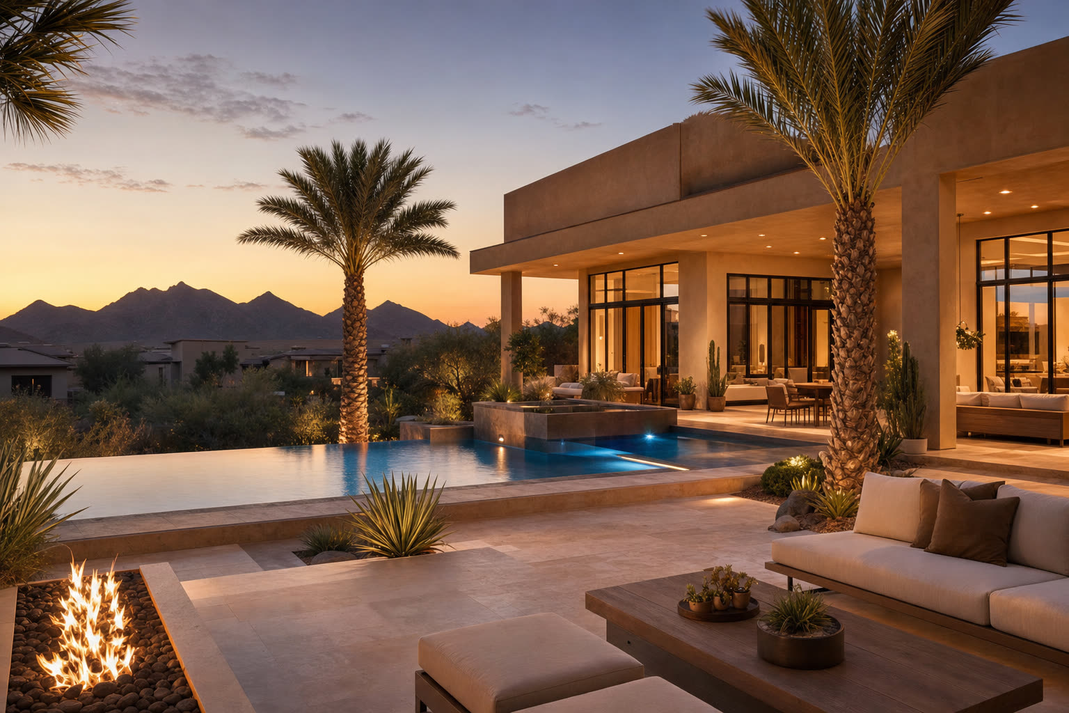 Gilbert luxury custom home backyard at dusk with infinity pool and firepit